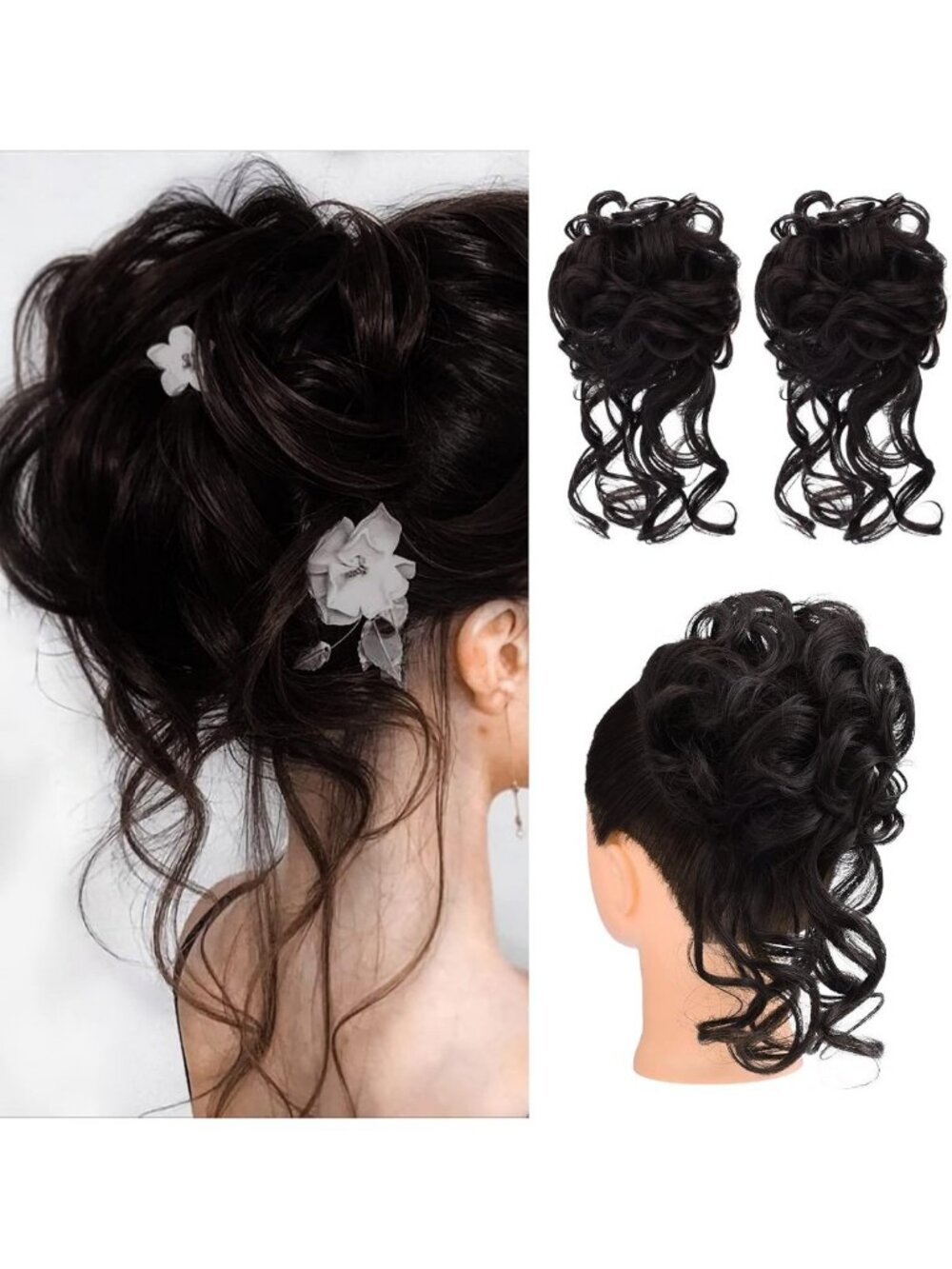 Messy Bun Hair Piece Set - 2PCS Tousled Updo Extensions, Wavy Curly Ponytail